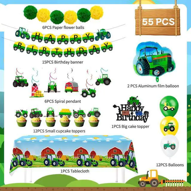 Alt view image 2 of 6 - 55 Pcs Tractor Birthday Party Decorations, Tractor Birthday Balloons Tractors Banner Tableclothes Flower Balls Hanging Swirls for Tractor Birthday Party Supplies