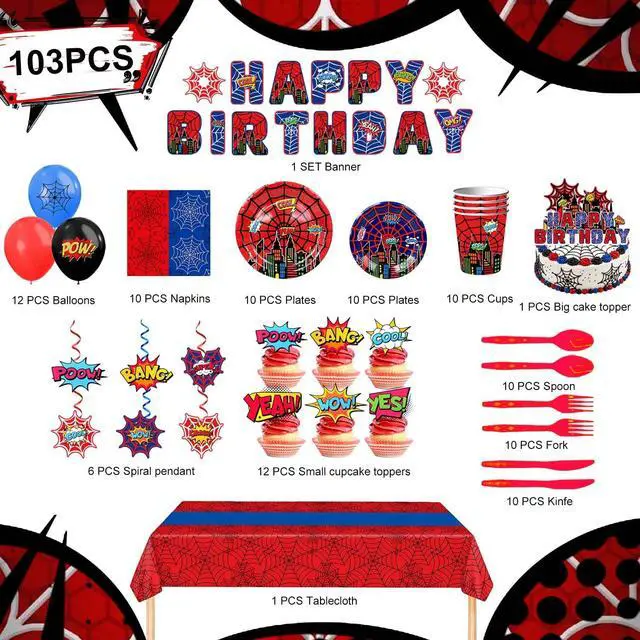 Alt view image 2 of 7 - 103pcs Spider Web Birthday Party Decorations Supplies, 10 Guests Spider Web Party Tableware Including Spider Balloons Cake Topper Banner Plates Spiral Pendant Cupcake Toppers etc Spider Party Supplies