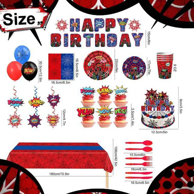 Alt view image 3 of 7 - 103pcs Spider Web Birthday Party Decorations Supplies, 10 Guests Spider Web Party Tableware Including Spider Balloons Cake Topper Banner Plates Spiral Pendant Cupcake Toppers etc Spider Party Supplies