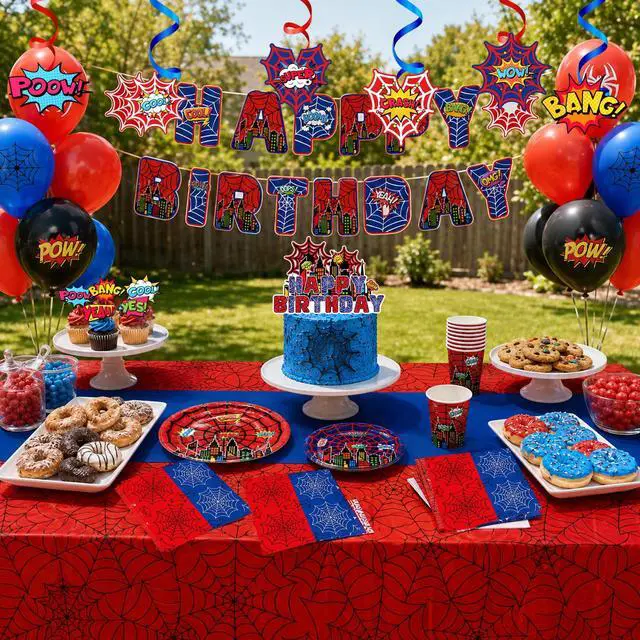 Alt view image 4 of 7 - 103pcs Spider Web Birthday Party Decorations Supplies, 10 Guests Spider Web Party Tableware Including Spider Balloons Cake Topper Banner Plates Spiral Pendant Cupcake Toppers etc Spider Party Supplies
