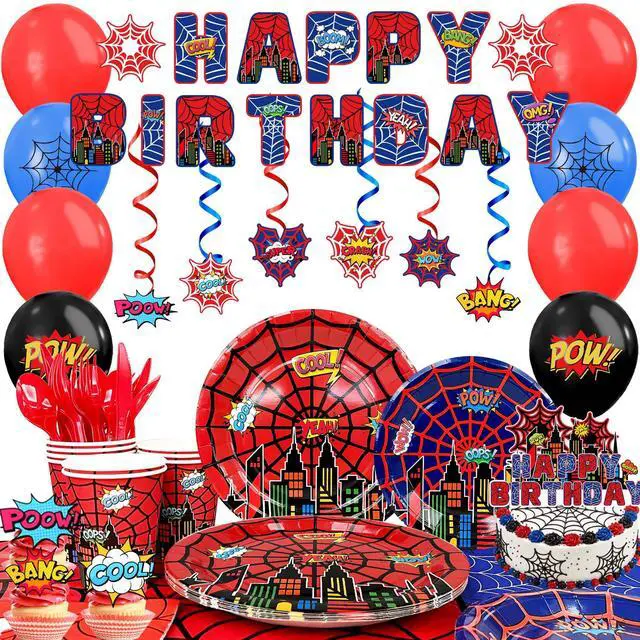 Main image of 103pcs Spider Web Birthday Party Decorations Supplies, 10 Guests Spider Web Party Tableware Including Spider Balloons Cake Topper Banner Plates Spiral Pendant Cupcake Toppers etc Spider Party Supplies