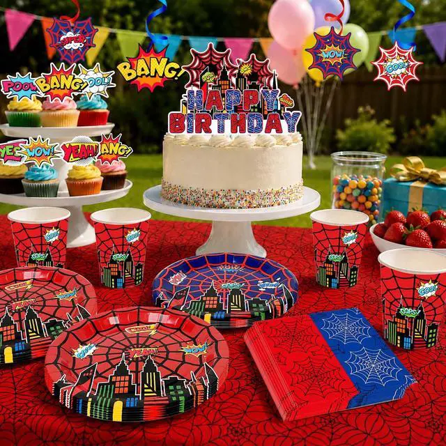 Alt view image 5 of 7 - 103pcs Spider Web Birthday Party Decorations Supplies, 10 Guests Spider Web Party Tableware Including Spider Balloons Cake Topper Banner Plates Spiral Pendant Cupcake Toppers etc Spider Party Supplies