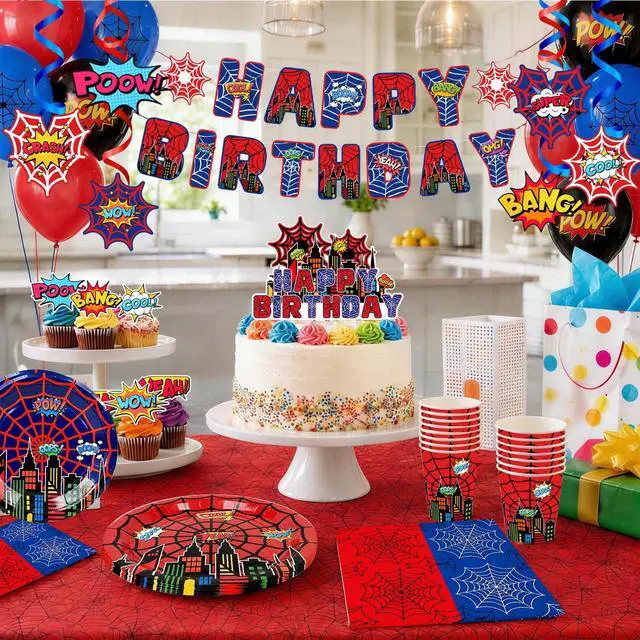 Alt view image 7 of 7 - 103pcs Spider Web Birthday Party Decorations Supplies, 10 Guests Spider Web Party Tableware Including Spider Balloons Cake Topper Banner Plates Spiral Pendant Cupcake Toppers etc Spider Party Supplies