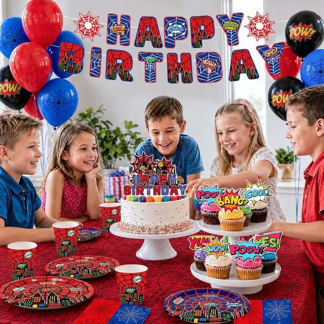 Alt view image 6 of 7 - 103pcs Spider Web Birthday Party Decorations Supplies, 10 Guests Spider Web Party Tableware Including Spider Balloons Cake Topper Banner Plates Spiral Pendant Cupcake Toppers etc Spider Party Supplies