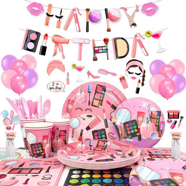 Main image of 165 Pcs Makeup Birthday Party Decorations Supplies, 16 Guests Spa Party Decoration Plates Cups Napkins Banner Balloon Photo Booth Props etc Makeup Birthday Party Decorations