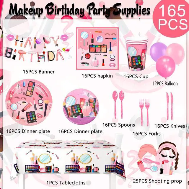 Alt view image 2 of 6 - 165 Pcs Makeup Birthday Party Decorations Supplies, 16 Guests Spa Party Decoration Plates Cups Napkins Banner Balloon Photo Booth Props etc Makeup Birthday Party Decorations