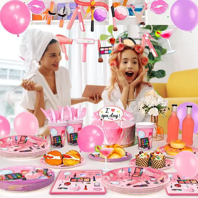 Alt view image 6 of 6 - 165 Pcs Makeup Birthday Party Decorations Supplies, 16 Guests Spa Party Decoration Plates Cups Napkins Banner Balloon Photo Booth Props etc Makeup Birthday Party Decorations