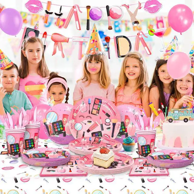 Alt view image 3 of 6 - 165 Pcs Makeup Birthday Party Decorations Supplies, 16 Guests Spa Party Decoration Plates Cups Napkins Banner Balloon Photo Booth Props etc Makeup Birthday Party Decorations