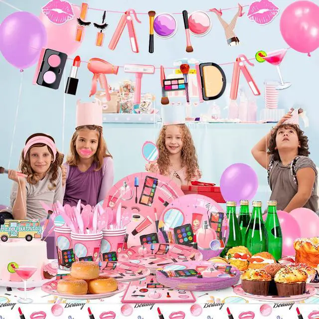 Alt view image 5 of 6 - 165 Pcs Makeup Birthday Party Decorations Supplies, 16 Guests Spa Party Decoration Plates Cups Napkins Banner Balloon Photo Booth Props etc Makeup Birthday Party Decorations