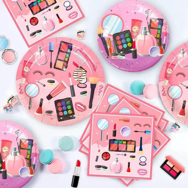 Alt view image 4 of 6 - 165 Pcs Makeup Birthday Party Decorations Supplies, 16 Guests Spa Party Decoration Plates Cups Napkins Banner Balloon Photo Booth Props etc Makeup Birthday Party Decorations