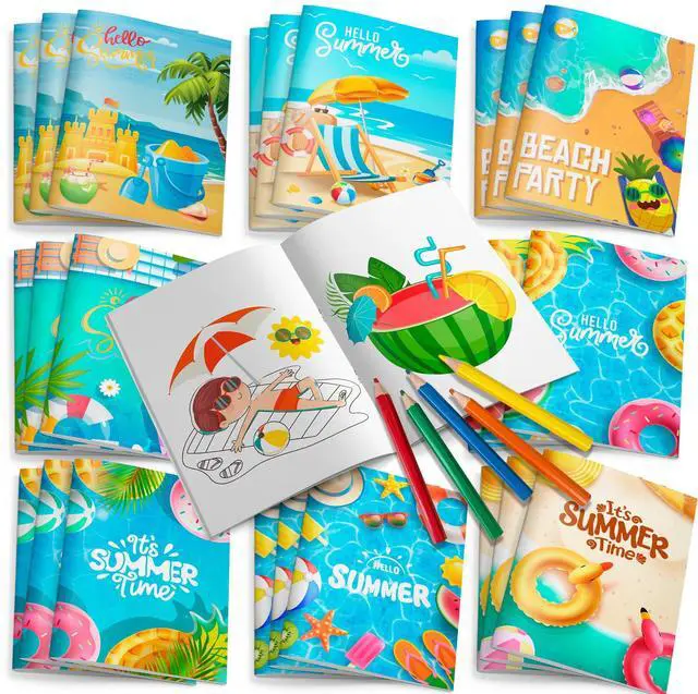 Main image of Summer Pool Coloring Books Bulk, 24 Pcs Hawaii Beach Mini Coloring Books DIY Art Drawing Watermelon Pineapple Coconut Flamingo Designs for Summer Party Decorations Beach Pool Party Favor Bag Fillers
