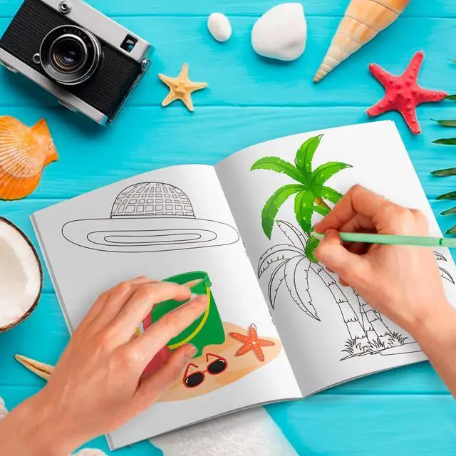 Alt view image 4 of 6 - Summer Pool Coloring Books Bulk, 24 Pcs Hawaii Beach Mini Coloring Books DIY Art Drawing Watermelon Pineapple Coconut Flamingo Designs for Summer Party Decorations Beach Pool Party Favor Bag Fillers