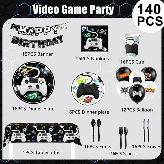 Alt view image 2 of 6 - Video Game Party Decorations,140 Pcs Gamer Birthday Decorations Video Game Party Tableware Set Video Game Party Plates Napkins Tablecloth Balloons Banner etc Gaming Party Supplies