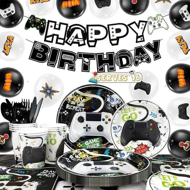 Main image of Video Game Party Decorations,140 Pcs Gamer Birthday Decorations Video Game Party Tableware Set Video Game Party Plates Napkins Tablecloth Balloons Banner etc Gaming Party Supplies