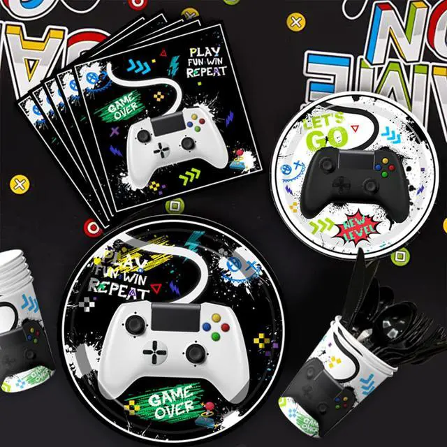 Alt view image 3 of 6 - Video Game Party Decorations,140 Pcs Gamer Birthday Decorations Video Game Party Tableware Set Video Game Party Plates Napkins Tablecloth Balloons Banner etc Gaming Party Supplies