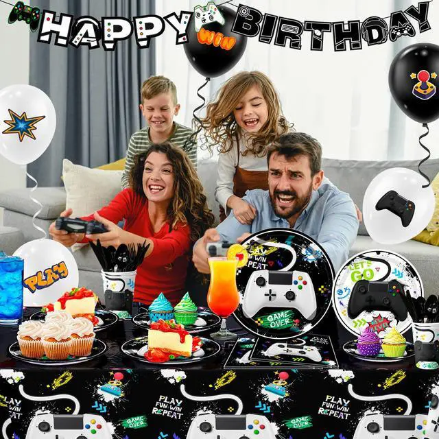 Alt view image 4 of 6 - Video Game Party Decorations,140 Pcs Gamer Birthday Decorations Video Game Party Tableware Set Video Game Party Plates Napkins Tablecloth Balloons Banner etc Gaming Party Supplies