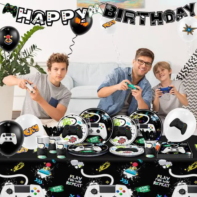 Alt view image 6 of 6 - Video Game Party Decorations,140 Pcs Gamer Birthday Decorations Video Game Party Tableware Set Video Game Party Plates Napkins Tablecloth Balloons Banner etc Gaming Party Supplies