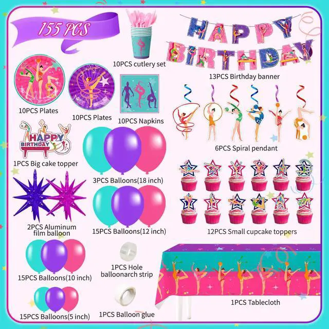 Alt view image 2 of 6 - 155 Pcs Gymnastics Birthday Party Decorations,10 Guests Gymnastics Party Tableware Set Gymnastics Plates and Napkins Cups Tablecloth Balloons Banner etc Gymnastics Birthday Party Supplies