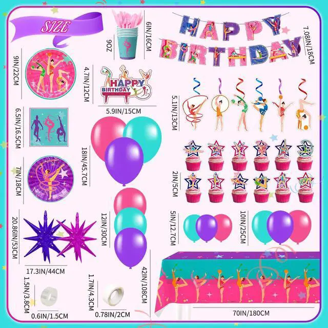 Alt view image 3 of 6 - 155 Pcs Gymnastics Birthday Party Decorations,10 Guests Gymnastics Party Tableware Set Gymnastics Plates and Napkins Cups Tablecloth Balloons Banner etc Gymnastics Birthday Party Supplies