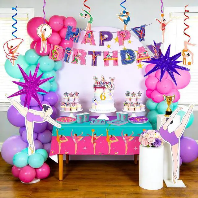 Alt view image 4 of 6 - 155 Pcs Gymnastics Birthday Party Decorations,10 Guests Gymnastics Party Tableware Set Gymnastics Plates and Napkins Cups Tablecloth Balloons Banner etc Gymnastics Birthday Party Supplies
