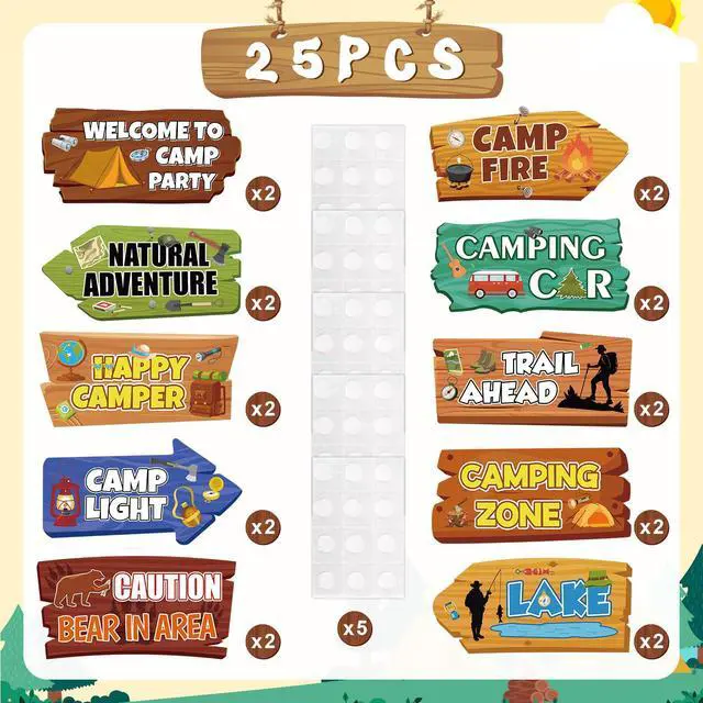 Alt view image 2 of 6 - Camping Party Signs, 25 Pcs Camping Directional Signs Camp Out Photo Props Backdrop Happy Camper Banner for Camp Adventure Party Decorations