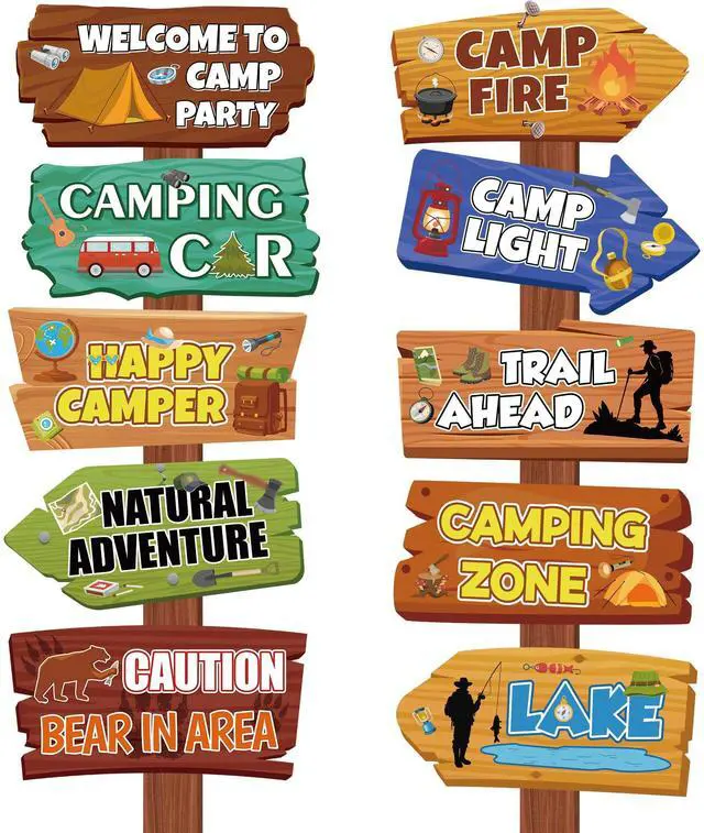Main image of Camping Party Signs, 25 Pcs Camping Directional Signs Camp Out Photo Props Backdrop Happy Camper Banner for Camp Adventure Party Decorations