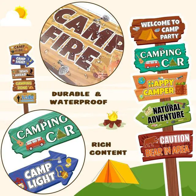 Alt view image 3 of 6 - Camping Party Signs, 25 Pcs Camping Directional Signs Camp Out Photo Props Backdrop Happy Camper Banner for Camp Adventure Party Decorations