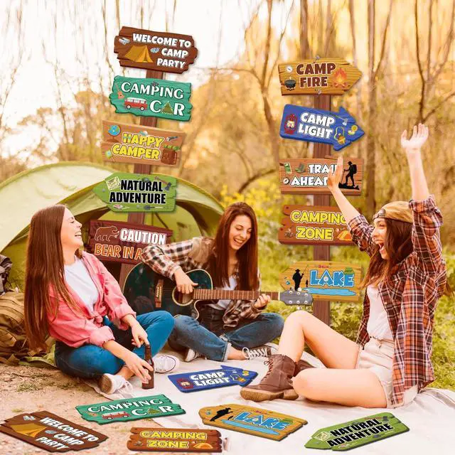 Alt view image 4 of 6 - Camping Party Signs, 25 Pcs Camping Directional Signs Camp Out Photo Props Backdrop Happy Camper Banner for Camp Adventure Party Decorations