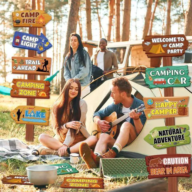 Alt view image 6 of 6 - Camping Party Signs, 25 Pcs Camping Directional Signs Camp Out Photo Props Backdrop Happy Camper Banner for Camp Adventure Party Decorations