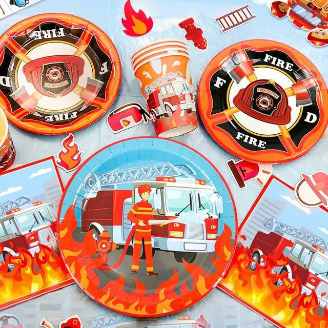 Alt view image 5 of 6 - Fire Truck Birthday Party Supplies, 16 Guests Fire Truck Party Tableware, Firetruck Decorations Balloons Plates Napkins Tablecloth etc Fireman Birthday Party Decorations