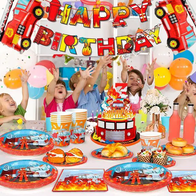Alt view image 3 of 6 - Fire Truck Birthday Party Supplies, 16 Guests Fire Truck Party Tableware, Firetruck Decorations Balloons Plates Napkins Tablecloth etc Fireman Birthday Party Decorations