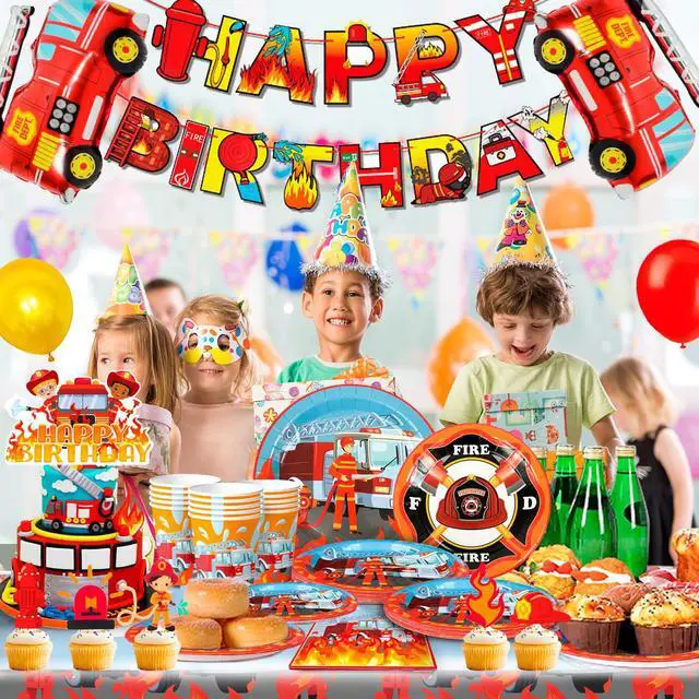 Alt view image 2 of 6 - Fire Truck Birthday Party Supplies, 16 Guests Fire Truck Party Tableware, Firetruck Decorations Balloons Plates Napkins Tablecloth etc Fireman Birthday Party Decorations