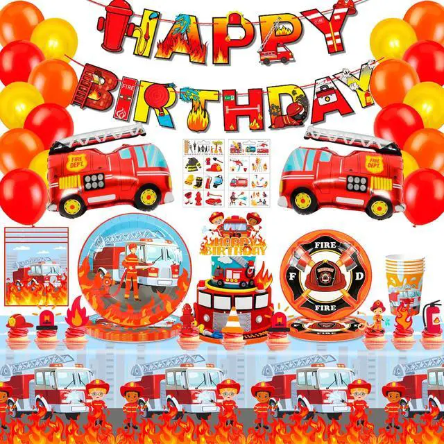 Main image of Fire Truck Birthday Party Supplies, 16 Guests Fire Truck Party Tableware, Firetruck Decorations Balloons Plates Napkins Tablecloth etc Fireman Birthday Party Decorations
