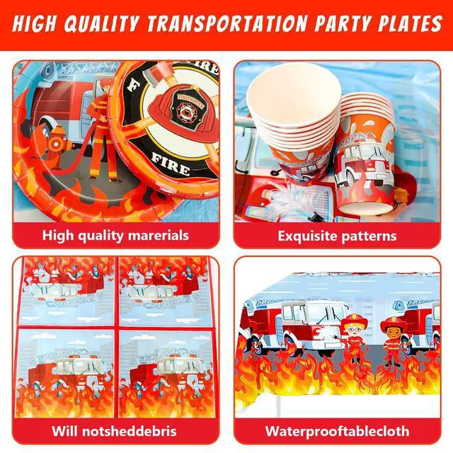 Alt view image 4 of 6 - Fire Truck Birthday Party Supplies, 16 Guests Fire Truck Party Tableware, Firetruck Decorations Balloons Plates Napkins Tablecloth etc Fireman Birthday Party Decorations
