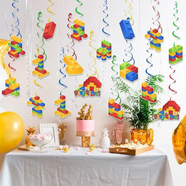 Alt view image 4 of 6 - Building Blocks Hanging Swirl Decoration, 56 Pcs Building Block Birthday Hanging Swirls, Building Theme Hanging Swirls Building Blocks Hanging Decorations for Building Block Party Decorations