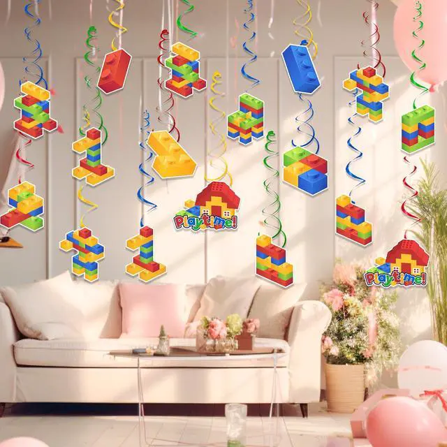 Alt view image 6 of 6 - Building Blocks Hanging Swirl Decoration, 56 Pcs Building Block Birthday Hanging Swirls, Building Theme Hanging Swirls Building Blocks Hanging Decorations for Building Block Party Decorations