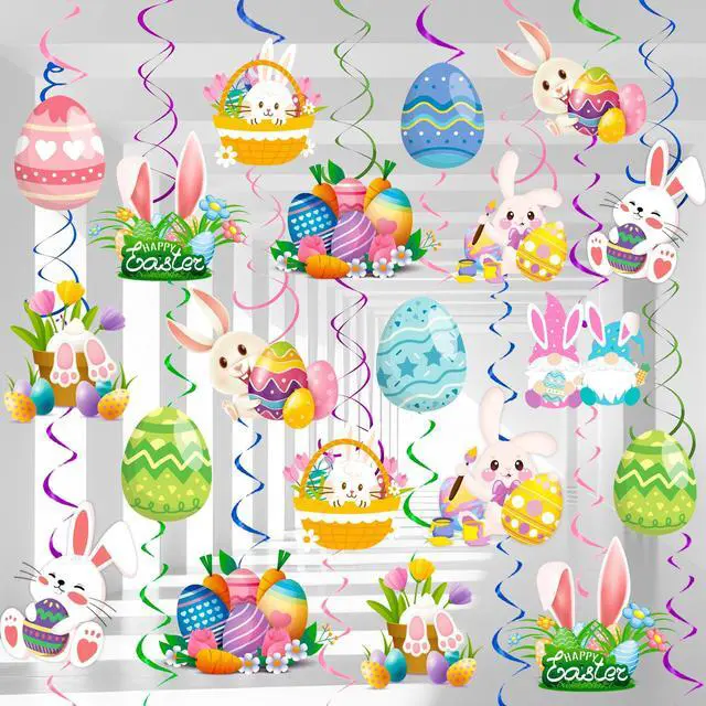 Main image of 56 Pcs Easter Hanging Swirl Decorations, Easter Party Hanging Swirls Egg Bunny Hanging Foil Swirls Decorations