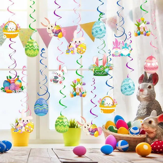 Alt view image 6 of 7 - 56 Pcs Easter Hanging Swirl Decorations, Easter Party Hanging Swirls Egg Bunny Hanging Foil Swirls Decorations