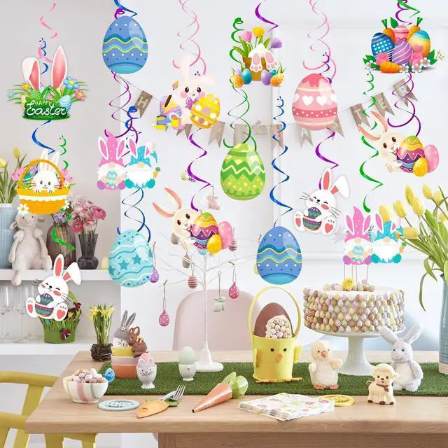 Alt view image 7 of 7 - 56 Pcs Easter Hanging Swirl Decorations, Easter Party Hanging Swirls Egg Bunny Hanging Foil Swirls Decorations
