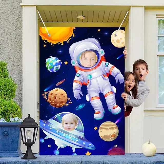 Main image of Outer Space Party Backdrop, 59.06''x39.37'' Astronaut Alien Face Cutout Background Rocket Galaxy Star Banner for Outer Space Birthday Party Decorations