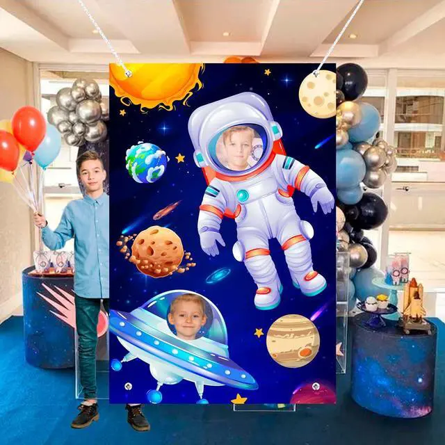 Alt view image 2 of 6 - Outer Space Party Backdrop, 59.06''x39.37'' Astronaut Alien Face Cutout Background Rocket Galaxy Star Banner for Outer Space Birthday Party Decorations