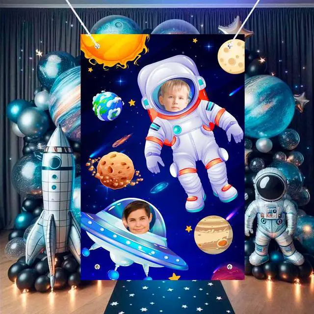 Alt view image 3 of 6 - Outer Space Party Backdrop, 59.06''x39.37'' Astronaut Alien Face Cutout Background Rocket Galaxy Star Banner for Outer Space Birthday Party Decorations