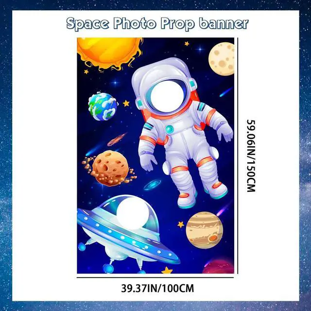 Alt view image 6 of 6 - Outer Space Party Backdrop, 59.06''x39.37'' Astronaut Alien Face Cutout Background Rocket Galaxy Star Banner for Outer Space Birthday Party Decorations