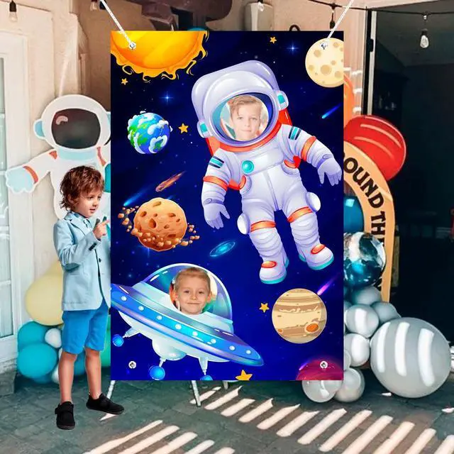 Alt view image 4 of 6 - Outer Space Party Backdrop, 59.06''x39.37'' Astronaut Alien Face Cutout Background Rocket Galaxy Star Banner for Outer Space Birthday Party Decorations