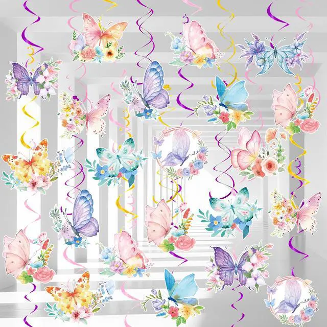 Main image of Butterfly Hanging Swirls - 54 Pcs Butterfly Themed Swirls, Butterfly Floral Hanging Swirl & Butterfly Hanging Ceiling Swirl for Butterfly Birthday Decorations & Butterfly Party Decorations