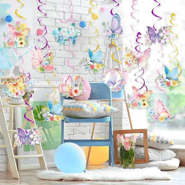 Alt view image 3 of 6 - Butterfly Hanging Swirls - 54 Pcs Butterfly Themed Swirls, Butterfly Floral Hanging Swirl & Butterfly Hanging Ceiling Swirl for Butterfly Birthday Decorations & Butterfly Party Decorations