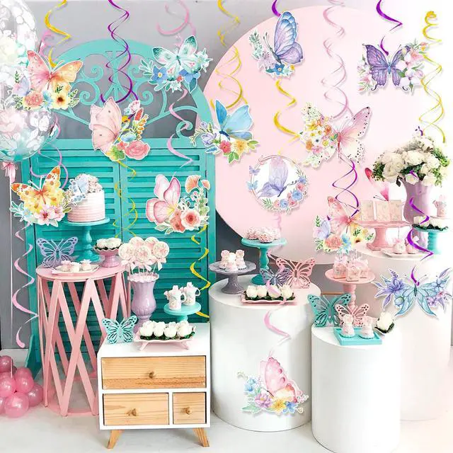 Alt view image 4 of 6 - Butterfly Hanging Swirls - 54 Pcs Butterfly Themed Swirls, Butterfly Floral Hanging Swirl & Butterfly Hanging Ceiling Swirl for Butterfly Birthday Decorations & Butterfly Party Decorations