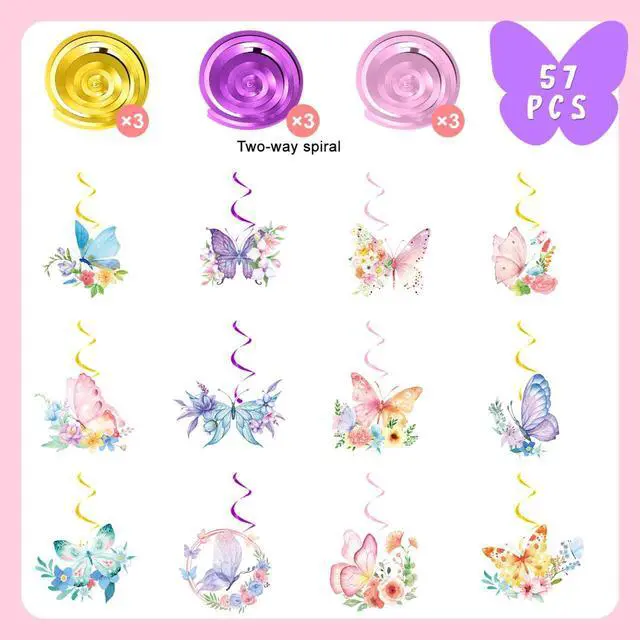 Alt view image 6 of 6 - Butterfly Hanging Swirls - 54 Pcs Butterfly Themed Swirls, Butterfly Floral Hanging Swirl & Butterfly Hanging Ceiling Swirl for Butterfly Birthday Decorations & Butterfly Party Decorations