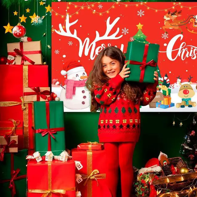 Alt view image 3 of 6 - 71x43'' Merry Christmas Party Banner Backdrop, Xmas Winter Elk Background Snowman Backdrop for Merry Christmas Party Decorations Supplies