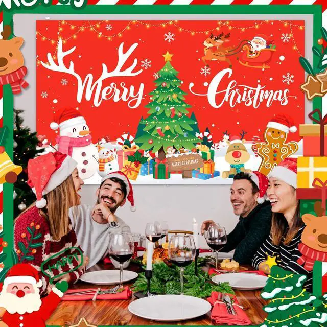 Alt view image 4 of 6 - 71x43'' Merry Christmas Party Banner Backdrop, Xmas Winter Elk Background Snowman Backdrop for Merry Christmas Party Decorations Supplies